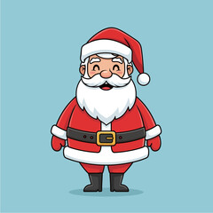 Cute cartoon illustration of Santa Claus smiling happily in his traditional red suit and hat on a light blue background.