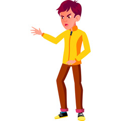 Young Indian Boy Posing With Angry Expression In Yellow Jacket Brown Pants And White Background