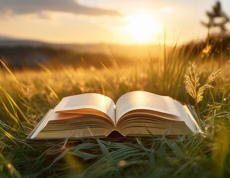open book resting on grass bathed in golden sunlight evokes feelings of tranquility and learning
