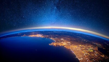 nighttime earth from space curved horizon city lights and pacific ocean in high altitude view