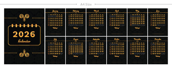 Sleek, contemporary 2026 annual calendar in A4 size with all twelve months. Sophisticated golden typography and decorative motifs against a deep, dark backdrop. Ideal for professional settings.