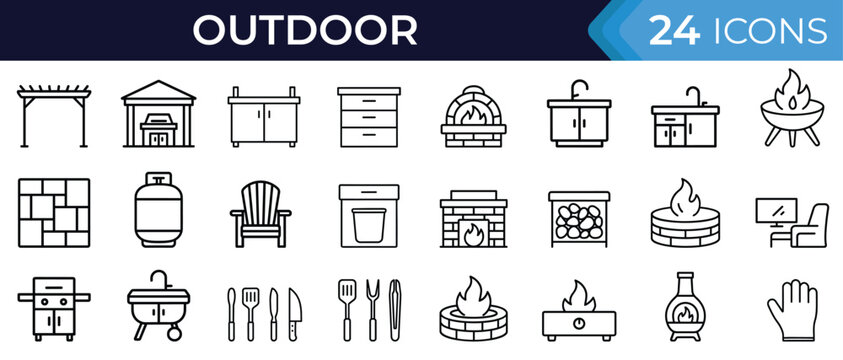 Backyard firepit and outdoor living line icon set. Vector pictograms of patio kitchen, fireplace, chiminea, pizza oven, grill, firewood, and propane tank thin linear illustration