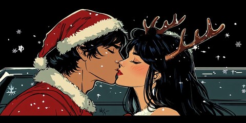 romantic christmas kiss between santa and reindeer-themed woman in a festive scene