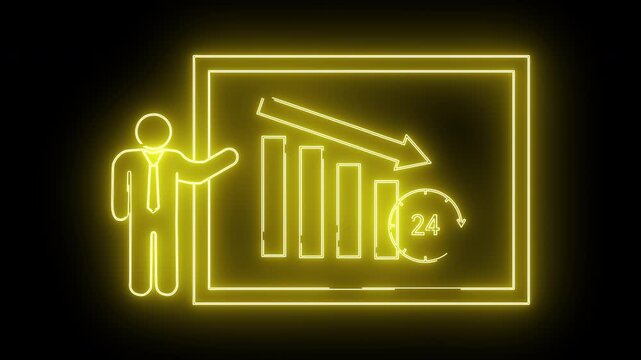 Yellow neon sign depicting a presenter chart with falling bars arrow and clock marked 24
