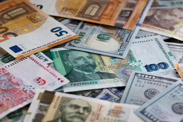 Mix of Bulgarian Leva, Euro, and United States Dollar Banknotes – Bulgaria, European Union, and USA