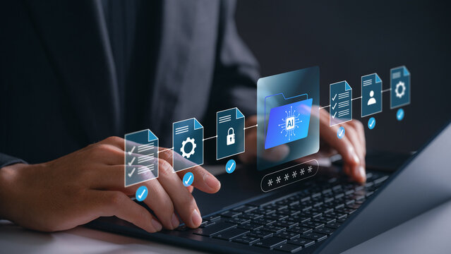 AI digital document folder on laptop with secure data encryption and automation interface, showing smart technology for business file management, task organization and cyber workflow efficiency