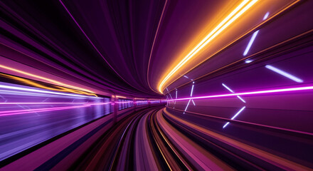 Fototapeta premium Interior view of a curved tunnel with vivid purple and gold light streaks, symbolizing speed, technology, and futuristic transportation concept