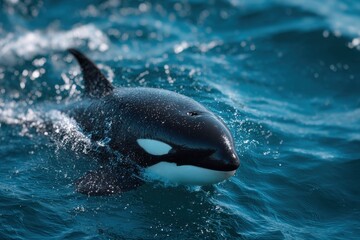 Fototapeta premium Charming Scene of a Playful Baby Orca Swimming Gracefully in a Pristine Ocean Setting