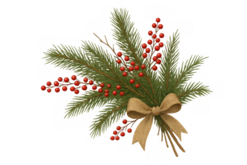 Christmas winter festive bouquet featuring pine tree branches, red berries, and rustic burlap bow on transparent background