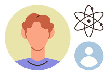 Simplified human avatar beside atom structure and user icon. Ideal for science, education, identity, technology, networking, profiles, and human-centric topics. A simple flat metaphor
