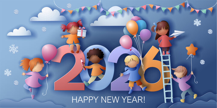 2026 New Year design card with happy children on purple background
