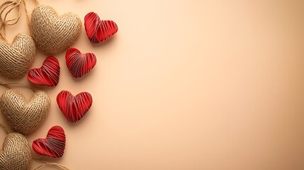 Simple flat lay of string loops and paper hearts on peach pastel background under warm daylight