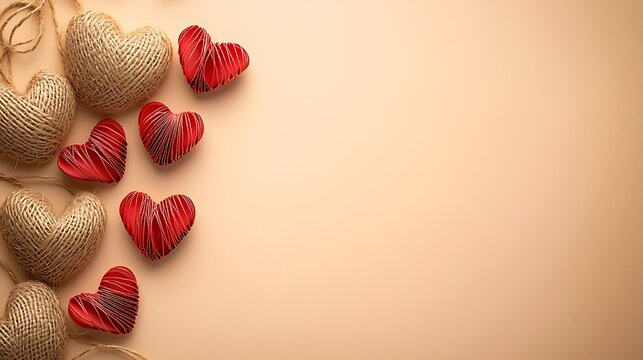 Simple flat lay of string loops and paper hearts on peach pastel background under warm daylight
