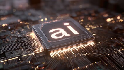 Glowing ai text on a dark electronic circuit board close up.