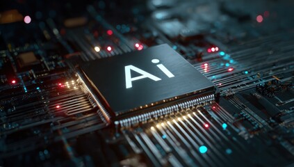 Glowing ai chip on dark electronic circuit board with bokeh lights