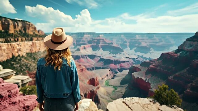 A woman in a denim jacket and straw hat stands at the edge of a canyon, her back to the viewer. The sky above is a clear blue with fluffy white clouds.