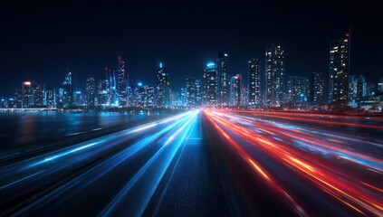 Cityscape at night with light trails from fast moving traffic on road.