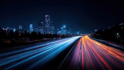 City highway at night with light trails from moving traffic.