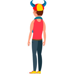 Young Man Wearing A Red Tank Top Blue Scarf And Red Yellow Hat With Blue Horns Standing And Facing Away From Camera On A Transparent Background