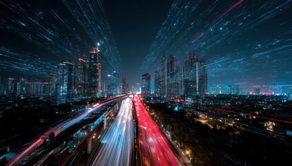 Cityscape night traffic long exposure with light trails and streaks
