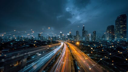 Cityscape at night with light trails and digital network overlay