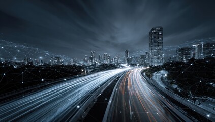 City highway traffic trails overlaid with digital network connections at night.