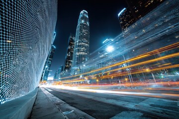 City street at night with light trails and illuminated skyscrapers.