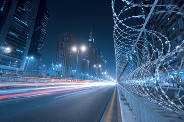 City highway at night with light trails and razor wire barrier