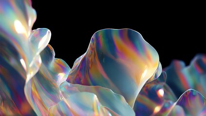 Abstract iridescent fluid shapes against a dark background.