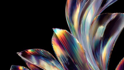 Abstract iridescent flowing shapes against a solid black background.