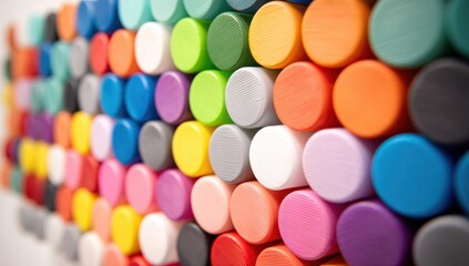 Stacked colorful cylindrical objects viewed up close with shallow depth of field.