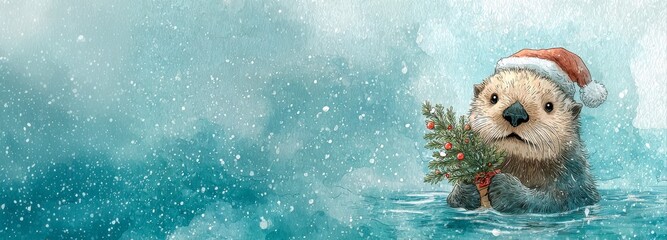 cute sea otter wearing Santa hat, holding small Christmas tree with red berries, floating in icy blue water under falling snow, winter holiday banner, copy space, watercolor illustration. New Year