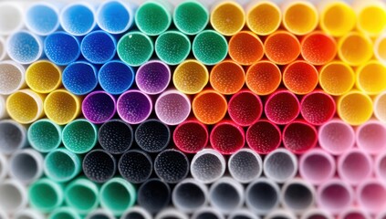 Stacked colorful plastic drinking straws create a vibrant abstract pattern.