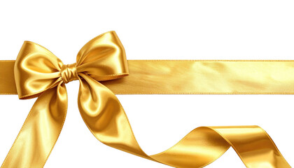 A luxurious golden satin ribbon tied in an elegant bow across a transparent background. A golden ribbon with a bow creating a festive and elegant presentation.