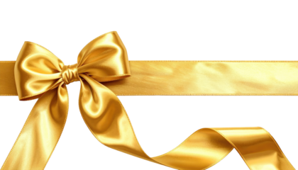 A luxurious golden satin ribbon tied in an elegant bow across a transparent background. A golden ribbon with a bow creating a festive and elegant presentation.