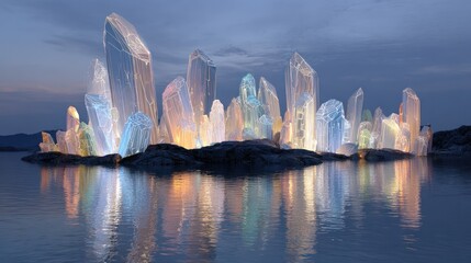 A cluster of luminous, multifaceted crystals stands tall on a tranquil island, reflected serenely in the still water, bathed in soft, ethereal light.