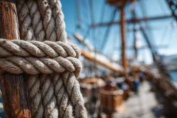 Obraz premium Nostalgic Voyage - Closeup of Vintage Sailboat Rigging with Jacobs Ladder Against a Blue Sky