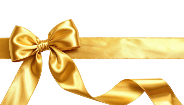 A luxurious golden satin ribbon tied in an elegant bow across a transparent background. A golden ribbon with a bow creating a festive and elegant presentation.