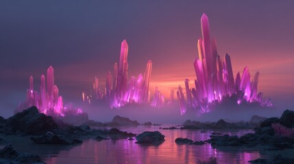 A breathtaking landscape displays towering crystal formations, illuminated by a vibrant sunset, reflecting on a tranquil shoreline.