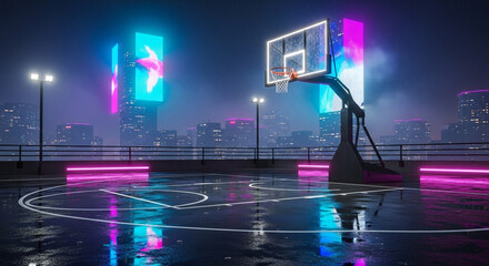 Basketball Court Rooftop Neon Night Cityscape Rain Reflections Digitally Generated