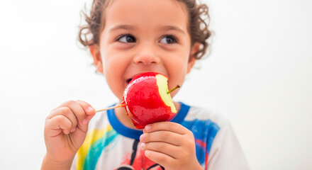 Child Joyfully Eating a Brazilian Red Caramel Apple (Maçã do Amor) Against a White Background