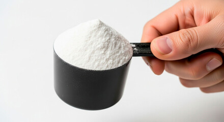 Close-up of a Hand Holding a Black Plastic Scoop Filled with Creatine Powder Against a White Background