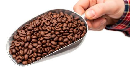 Close-up of Roasted Coffee Beans in a Scoop Held by a Hand with a Plaid Shirt Sleeve Against a White Background