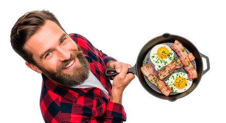 Top View of a Smiling Rustic Man Holding a Frying Pan with Bacon, Eggs, and Herbs Against a White Background