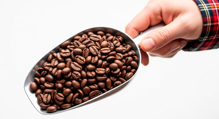 Close-up of Roasted Coffee Beans in a Scoop Held by a Hand with a Plaid Shirt Sleeve Against a White Background