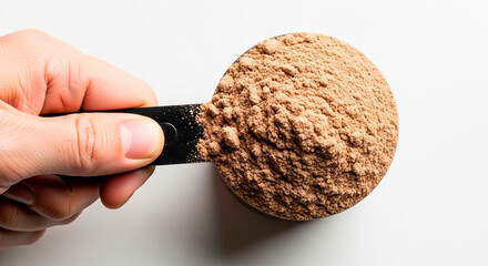 Close-up of a Hand Holding a Black Scoop Full of Brown Whey Protein Powder Against a White Background