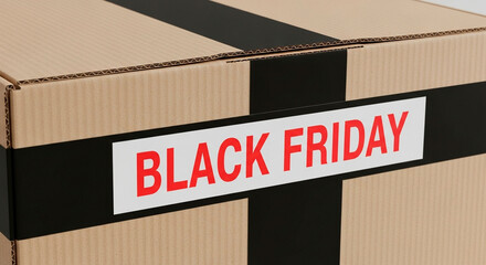 Close-up of a Delivery Box with a Black Stripe and "Black Friday" in Red Against a White Background