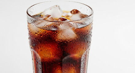 Close-up of a Sweaty Glass of Cola with Ice Cubes Against a White Background