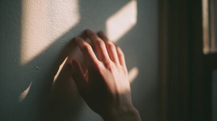 Close-up of a person's hand resting on a wall. the hand is positioned in a way that it appears to be touching the wall with its fingers.