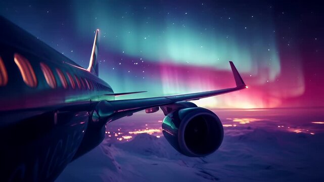 A vivid digital artwork of an airplane in flight against a backdrop of a breathtaking aurora borealis. The plane is captured in a side profile view.